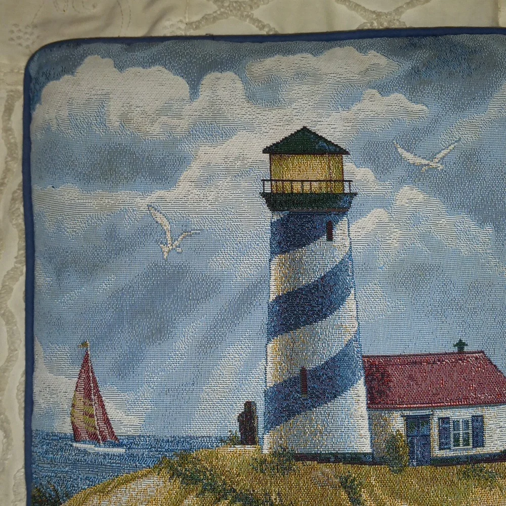 Lighthouse Boat Beach House Summer Tapestry Pillow